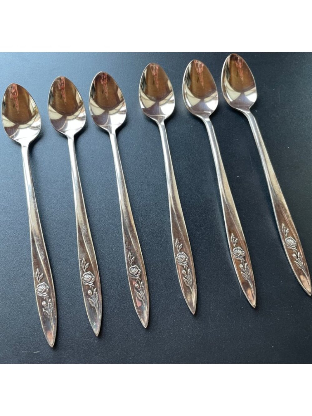6 Vintage Oneida Community Morning Rose Silverplate Demitasse Spoons 1960 MCM